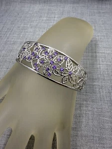 HN Heng Ngai Amethyst Flower Graduated Sterling Silver .925 Cuff Bracelet - Picture 1 of 10
