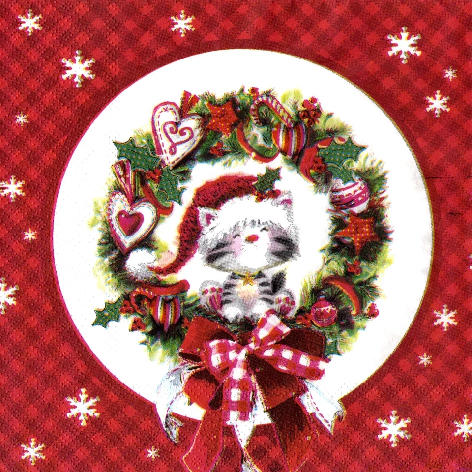 Serviettes en papier Noël chat dans couronne. Paper napkins Christmas cat wreath