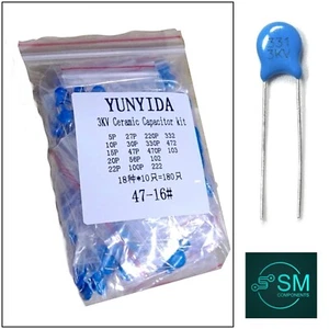 180pcs 3KV High Voltage Ceramic Capacitors 18 Values Assortment Kit 5pF-10nF DIY - Picture 1 of 12