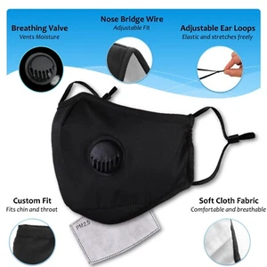 Reusable Washable Face Mask Breathing Air Valve + PM2.5 Carbon Filter (Black) - Picture 1 of 6
