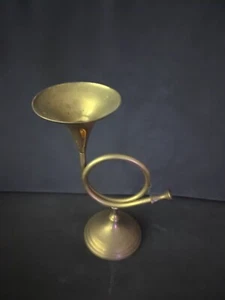 One Vintage Brass French Horn Candle Holders 9” tall 8” wide 2 lb 6 oz each - Picture 1 of 4