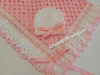 Crochet Baby Blanket Set, Baby Beanie Hat in Baby Pink and White Girls - Image 1 of 2