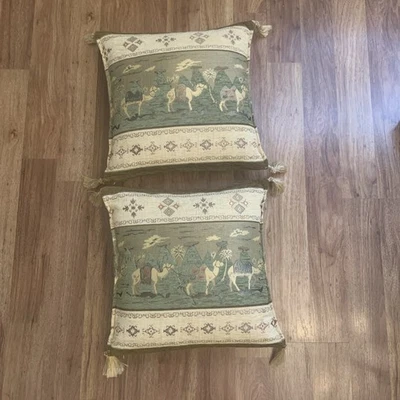 Vtg MCM French Jacquard Tapestry 16” Throw Pillows camels Ethnic tassels 1970’s - Image 1 of 4