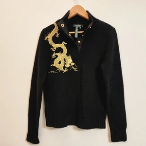 Vintage Lauren Ralph Lauren Gold Dragon Embroidery Sweater LambsWool Women PM - Bild 1 von 17
