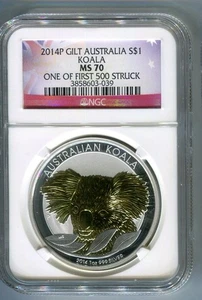 2014 P Gold Gilt Australia Koala NGC MS70 One of First 500 Struck Silver $1 - Picture 1 of 2