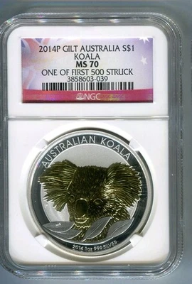 2014 P Gold Gilt Australia Koala NGC MS70 One of First 500 Struck Silver $1 - Image 1 of 2