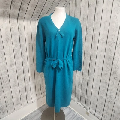 Vintage Sportcraft Teal Lambswool Blend Belted Knit Dress L Long Sleeve 70s 80s - Image 1 of 4