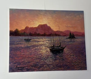 Seascape Nautical Painting Landscape Sailboat Harbor Sunset Original Desmarais - Picture 1 of 8