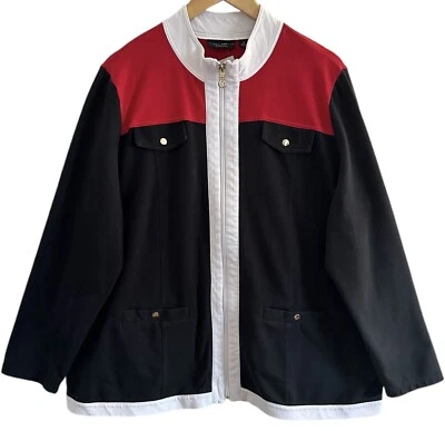 Chaqueta de fin de semana Susan Graver Jersey tejido rojo negro blanco cremallera bolsillos a presión-2X- Foto 1 de 4