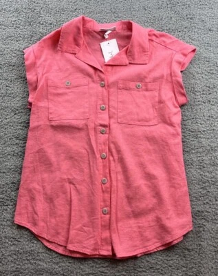 Isabel Maternity Women's Size XS Short Sleeve Linen Button Up Shirt Pink - Image 1 of 4