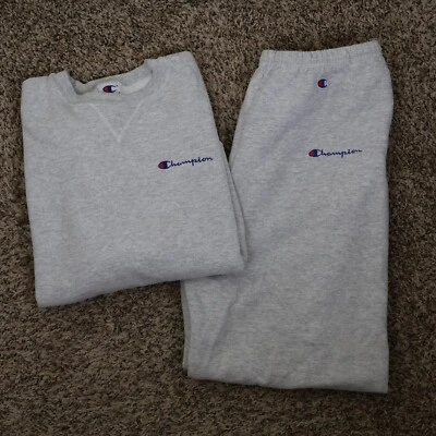 Vintage Champion Sweatsuit Heather Gray Sweatshirt Large Pants Medium - Image 1 of 4