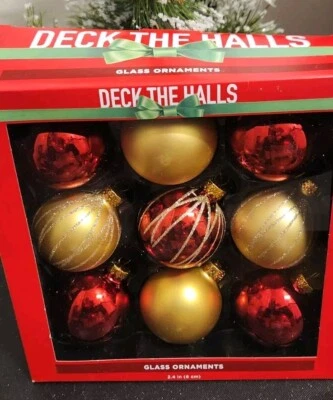 2015 Red Deck The Halls 9 adornos de árbol de Navidad de vidrio caja original, nuevo 2,4"  Foto 1 de 4