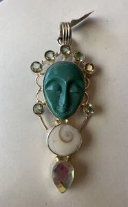 3.5” Sterling Silver 925 Carved Face Turquoise Pendant New Old Stock - Picture 1 of 5