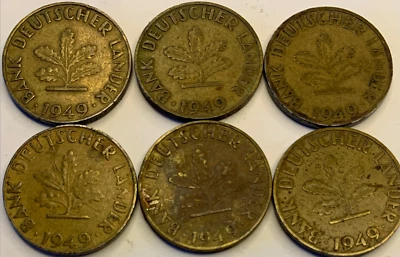 1949 West Germany 10 Pfennig Coins - Brass Plated Steel, 6-Piece Lot - Image 1 of 4