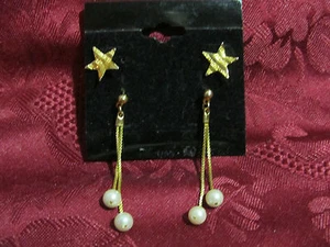 Set of 2 Pairs Post Earrings Stars and Dangle Pearls - Picture 1 of 2