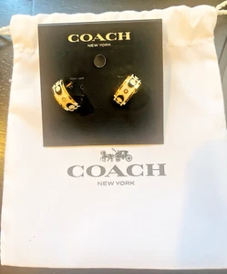 Coach Signature Enamel Chalk Gold Hoop Huggie Earrings W White Coach Bag - Picture 1 of 12