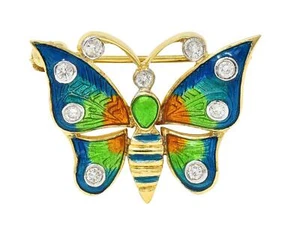 1970's Diamond Enamel 14 Karat Two-Tone Gold Vintage Butterfly Brooch - Picture 1 of 10