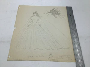Original Female FASHION drawing -- 1944 -- white taffeta GOWN (WEDDING) ring sho - Picture 1 of 4