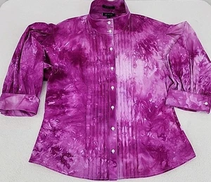 AK Anne Klein Stretch Button Up Women's 10 Procion Ice Tie Dyed Upcycled Custom - Picture 1 of 21