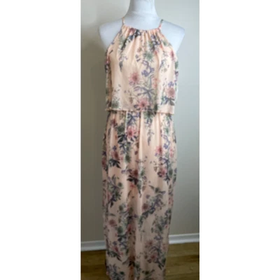 Miss Selfridge Halter Maxi Dress Size 8 Peachy Pink Floral Keyhole Lined - Image 1 of 4
