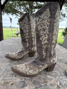Corral Vintage A1094 Distress Brush Brown Leather Embroidery Cowboy Boots Sz 8.5 - Picture 1 of 8
