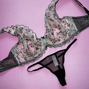 Victoria's Secret unlined 34B,34C,34D BRA SET beige BLACK mesh gold embroidered - Picture 1 of 5