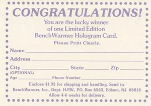 BENCHWARMER 1992 HOLOGRAM REDEMPTION CARD EXPIRED - Picture 1 of 2