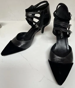 Chanel Black Leather & Velvet 4 Strap Pointed Toe 2.5" Heels 40  US 9 + Box - Picture 1 of 12