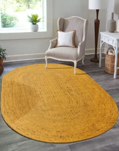 Oval Teppich Jute Landhaus Gelb Jute Läufer Rustikal Look Geflochten Modern Carpet - Bild 1 von 5