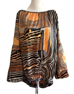 Kaelyn Max Satin Swirl Top Balloon Sleeves Abstract Artsy Women’s Plus Sz 2X - Picture 1 of 8