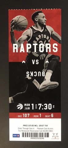 January 1, 2018 DeMar DeRozen 52 Points  Toronto Raptors vs Bucks unused Ticket Cover