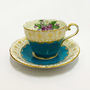 Aynsley Bone China England Footed Teacup & Saucer Set C958 Teal w/ Gold Accents