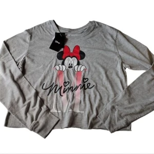Disney T Shirt Woman's L Gray Minnie Mouse Long sleeve cropped Juniors Vacation - Picture 1 of 9