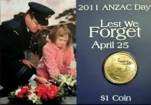 2011 $1 ANZAC Day Lest We Forget April 25th RAAF Carded Coin UNC Mint Mark P - Picture 1 of 2