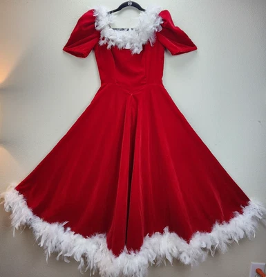 VTG Handmade Red Velvet Long Dress White Feather Boa Trim Sz S Christmas Costume - Image 1 of 4