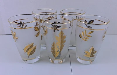 Juego de 5 vasos de agua vintage Libbey hoja de oro esmerilado 12 oz MCM Foto 1 de 4