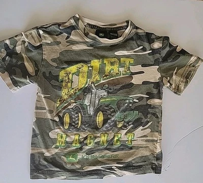 John Deer Green Tractor Camouflage T Shirt Boys Small 4 Dirt Magnet Graphic  - Image 1 of 4