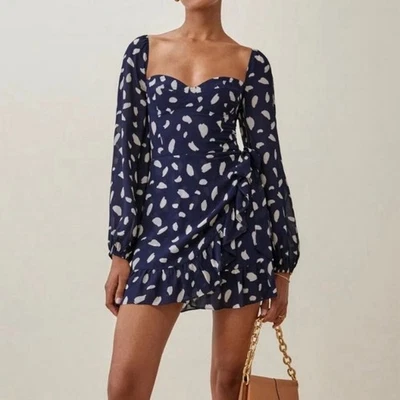 Mini Vestido Reformation Cammie Azul Marino Blanco Estampado Manga Larga Talla 6 Foto 1 de 4
