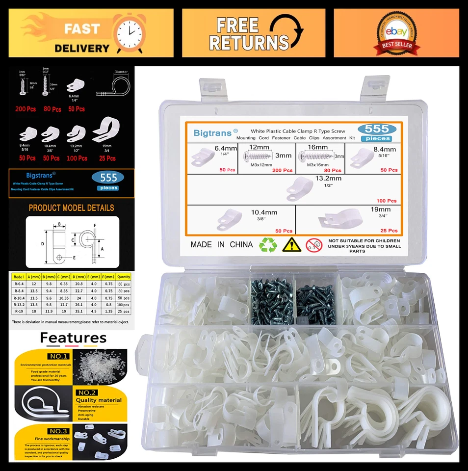 555 Piezas Clips de Alambre de Nylon con Tornillos - 5 Tamaños para Gestión de Cables - Blanco Rápido Foto 1 de 4