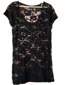Rue 21 Ladies Black Lace See Through Top Rose Floral Print Size L - Picture 1 of 4