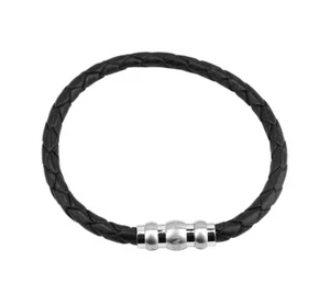 MONTBLANC STAINLESS STEEL WOVEN BLACK LEATHER BRACELET 8" 108591 NEW GERMANY - Picture 1 of 7