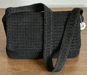 THE SAK CROCHETED BLACK FLAP SHOULDER BAG - Picture 1 of 10