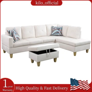 66.5" White Flannel 3-Piece Living Room Sofa Set Modern L-Shaped Sofa Furniture - Picture 1 of 16