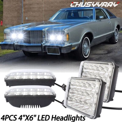 4pcs Fit Mercury Cougar Marquis 1977-1986 4x6'' inch LED Headlights Hi/Lo Beam - Image 1 of 4
