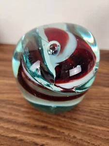 VTG 3-1/2" Red & White Swirl Handblown Art Glass Paperweight Decor - Picture 1 of 6