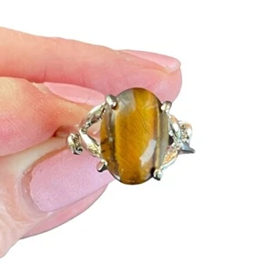 Tigers Eye Gemstone Ring Size 9.75 on Silvertone with Vine Accents on Band - Picture 1 of 10