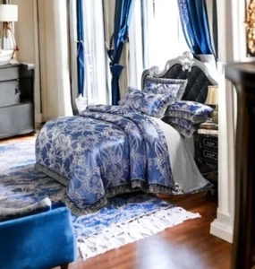 Luxury Satin Set 4Pc King Size Bed Sheet Duvet Cover Flower Blue Embroidery Lace - Picture 1 of 11