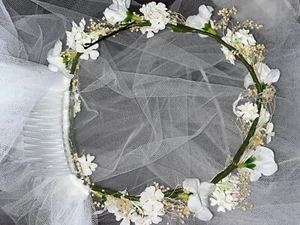 Vintage Retro Wedding Floral Headband Daisy With Comb Veil - Picture 1 of 3