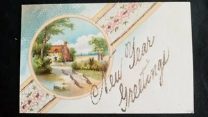 1907 Happy New Year postcard sparkles German Owen Bros-Hiilson pastoral - Picture 1 of 2