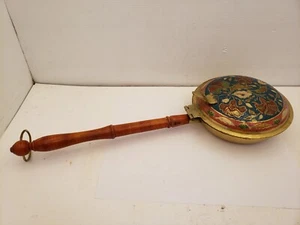 VINTAGE CLOISONNE BRASS BED WARMER WITH WOODEN HANDLE, APPROX 17" LONG - Picture 1 of 10